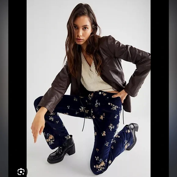 Driftwood Floral Embroidered Trousers - Navy and Gold - Picture 3 of 7